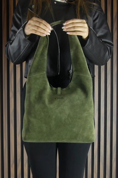 Erkan Saçmacı Haki Hakiki Dana Süet Püsküllü Manyetik Kapaklı Orta Boy Günlük Omuz Çantası - Resim 2