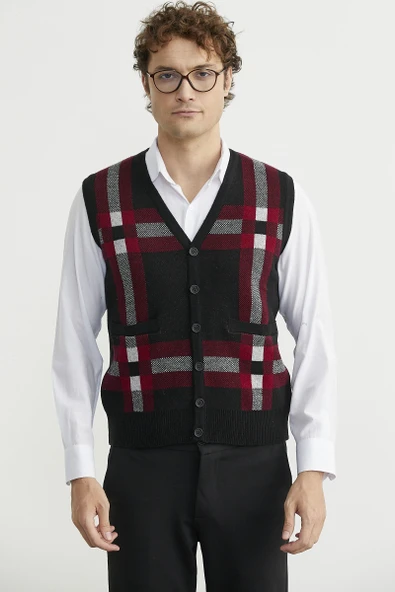 Düğmeli Yünlü Kalın Triko Yelek - Siyah - Resim 4