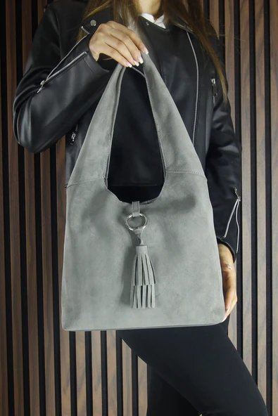 Erkan Saçmacı Gri Hakiki Dana Süet Püsküllü Manyetik Kapaklı Orta Boy Günlük Omuz Çantası - 5