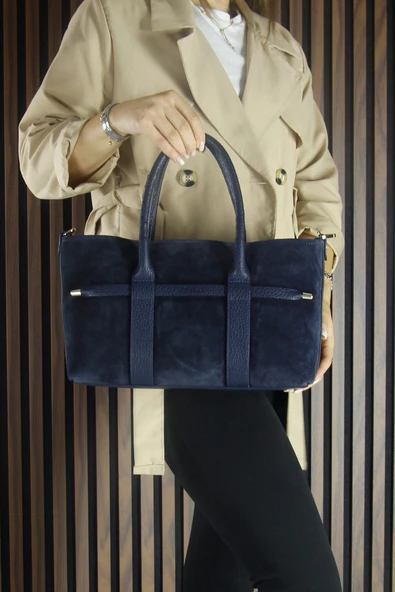 Erkan Saçmacı Lacivert Hakiki Dana Süet Fermuarlı Üç Bölmeli İç Cepli Askılı Orta Boy Günlük Omuz Çantası - 4