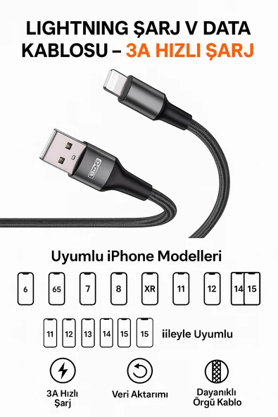 Lightning Hızlı Şarj ve Veri Aktarım Kablosu 3A Güçlü Akım Naylon Örgü Dayanıklı Tasarım iPhone Uyumlu 1 Metre - 3