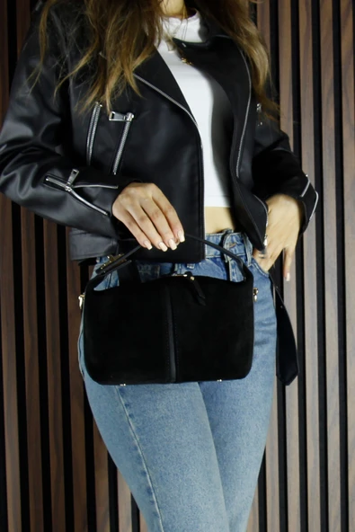 Erkan Saçmacı Siyah Hakiki Dana Süet Fermuarlı Askılı İç Cepli Orta Boy Günlük Omuz Çantası - Resim 4