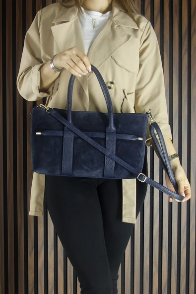 Erkan Saçmacı Lacivert Hakiki Dana Süet Fermuarlı Üç Bölmeli İç Cepli Askılı Orta Boy Günlük Omuz Çantası - 6