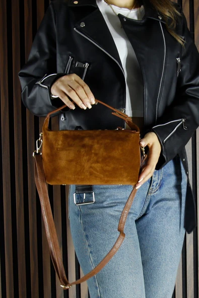 Erkan Saçmacı Taba Hakiki Dana Süet Fermuarlı Askılı İç Cepli Orta Boy Günlük Omuz Çantası - Resim 6