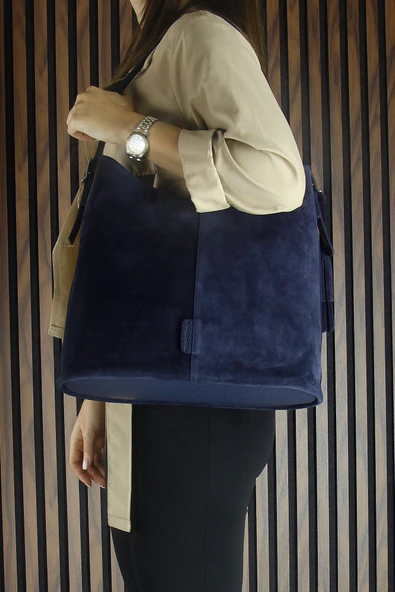 Erkan Saçmacı Lacivert Hakiki Dana Süet Püsküllü Manyetik Kapaklı Büyük Boy Günlük Omuz Çantası ve El Çantası - 3
