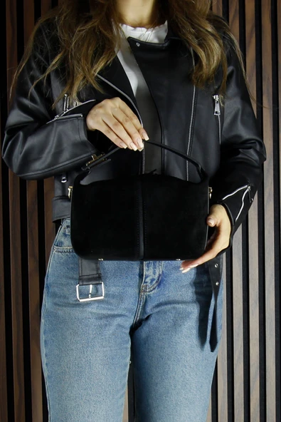 Erkan Saçmacı Siyah Hakiki Dana Süet Fermuarlı Askılı İç Cepli Orta Boy Günlük Omuz Çantası ürün görseli