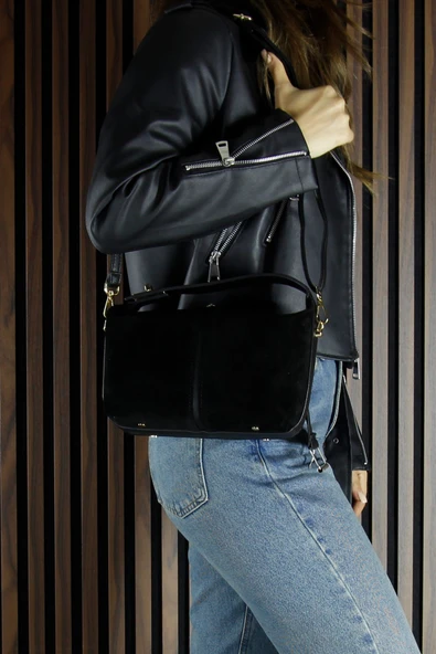 Erkan Saçmacı Siyah Hakiki Dana Süet Fermuarlı Askılı İç Cepli Orta Boy Günlük Omuz Çantası - Resim 2