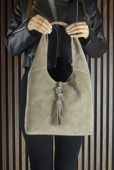 Erkan Saçmacı Kum Hakiki Dana Süet Püsküllü Manyetik Kapaklı Orta Boy Günlük Omuz Çantası - Resim 6