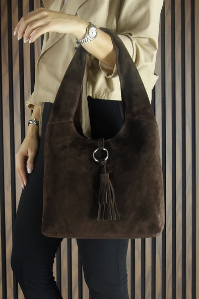 Erkan Saçmacı Kahve Hakiki Dana Süet Püsküllü Manyetik Kapaklı Orta Boy Günlük Omuz Çantası - Resim 4