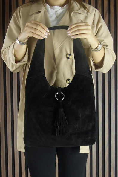 Erkan Saçmacı Siyah Hakiki Dana Süet Püsküllü Manyetik Kapaklı Orta Boy Günlük Omuz Çantası - 6