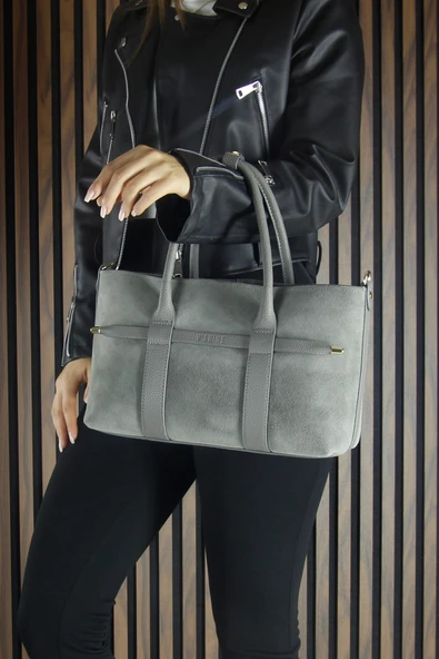 Erkan Saçmacı Gri Hakiki Dana Süet Fermuarlı Üç Bölmeli İç Cepli Askılı Orta Boy Günlük Omuz Çantası - Resim 5