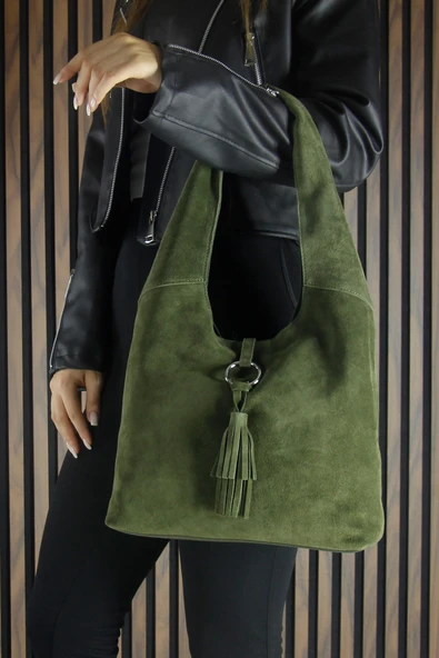 Erkan Saçmacı Haki Hakiki Dana Süet Püsküllü Manyetik Kapaklı Orta Boy Günlük Omuz Çantası - Resim 4