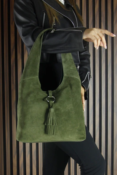 Erkan Saçmacı Haki Hakiki Dana Süet Püsküllü Manyetik Kapaklı Orta Boy Günlük Omuz Çantası ürün görseli