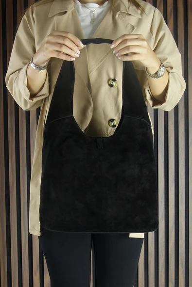 Erkan Saçmacı Siyah Hakiki Dana Süet Püsküllü Manyetik Kapaklı Orta Boy Günlük Omuz Çantası - 2