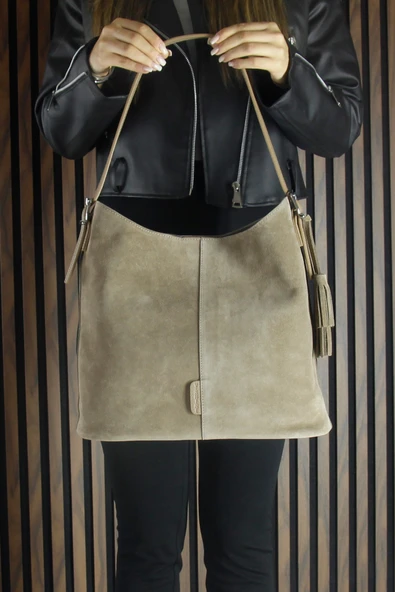 Erkan Saçmacı Kum Hakiki Dana Süet Püsküllü Manyetik Kapaklı Büyük Boy Günlük Omuz Çantası ve El Çantası - 6