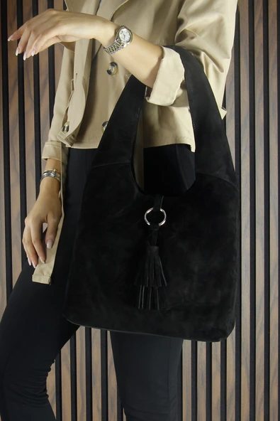 Erkan Saçmacı Siyah Hakiki Dana Süet Püsküllü Manyetik Kapaklı Orta Boy Günlük Omuz Çantası - 4