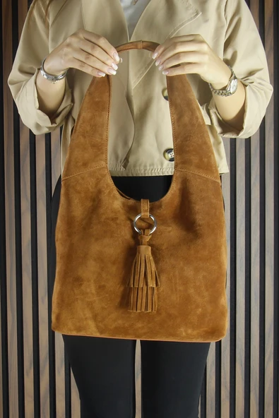 Erkan Saçmacı Taba Hakiki Dana Süet Püsküllü Manyetik Kapaklı Orta Boy Günlük Omuz Çantası - 6