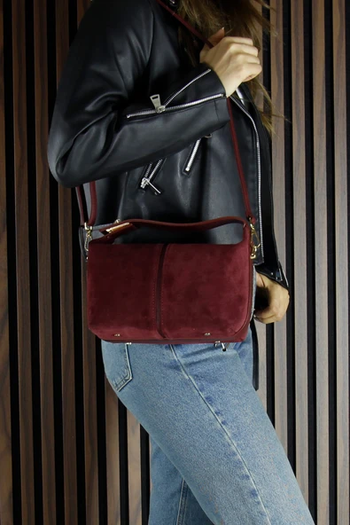 Erkan Saçmacı Bordo Hakiki Dana Süet Fermuarlı Askılı İç Cepli Orta Boy Günlük Omuz Çantası - 2