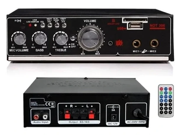 Notel Not-306 2x20w 4-8 Ohm Usb/sd Girişli Bluetoothlu 2 Mikrofon Girişli Trafosuz Stereo Mini Anfi