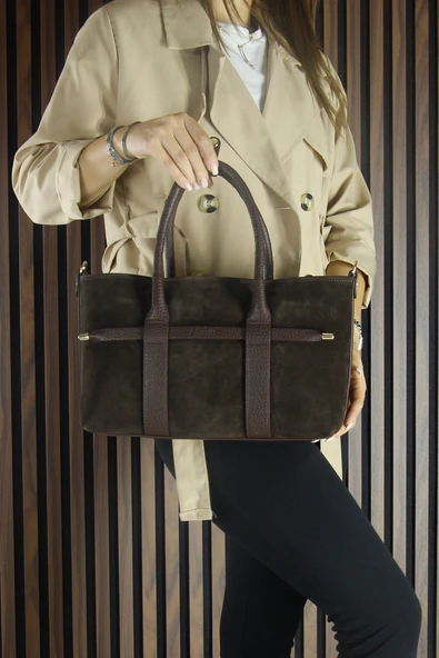 Erkan Saçmacı Bitter Hakiki Dana Süet Fermuarlı Üç Bölmeli İç Cepli Askılı Orta Boy Günlük Omuz Çantası - 4