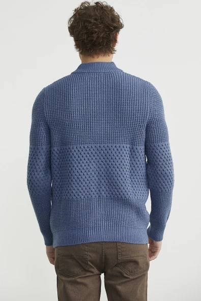 Petek Motifli Dik Yaka Triko Hırka - Indigo - 5