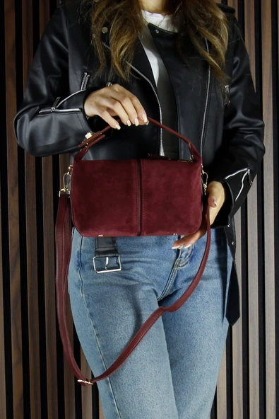 Erkan Saçmacı Bordo Hakiki Dana Süet Fermuarlı Askılı İç Cepli Orta Boy Günlük Omuz Çantası - 6