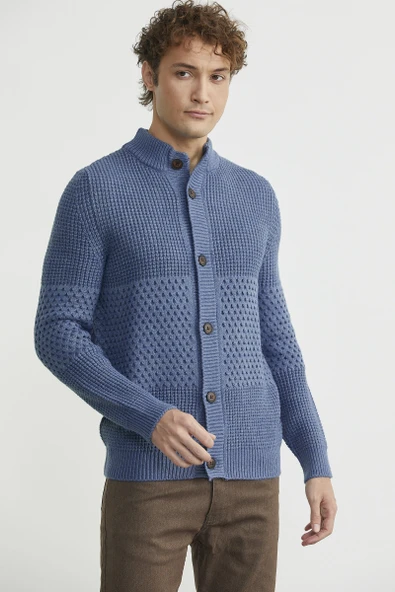 Petek Motifli Dik Yaka Triko Hırka - Indigo - 4