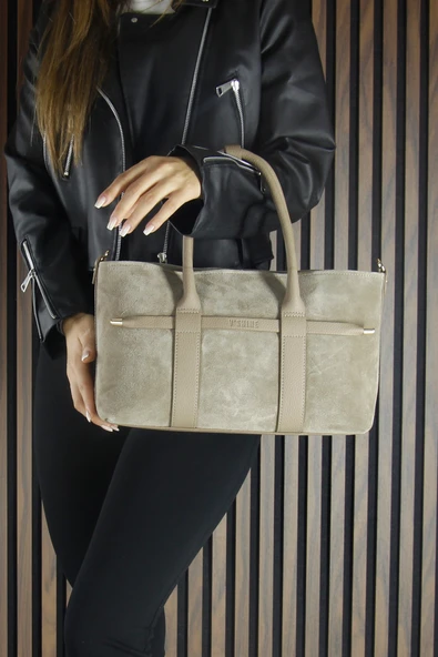 Erkan Saçmacı Kum Hakiki Dana Süet Fermuarlı Üç Bölmeli İç Cepli Askılı Orta Boy Günlük Omuz Çantası - 3