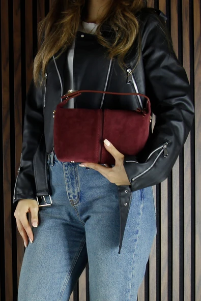 Erkan Saçmacı Bordo Hakiki Dana Süet Fermuarlı Askılı İç Cepli Orta Boy Günlük Omuz Çantası - 4