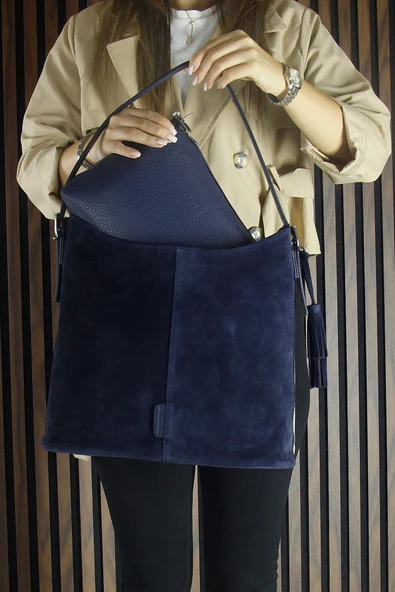 Erkan Saçmacı Lacivert Hakiki Dana Süet Püsküllü Manyetik Kapaklı Büyük Boy Günlük Omuz Çantası ve El Çantası - 4