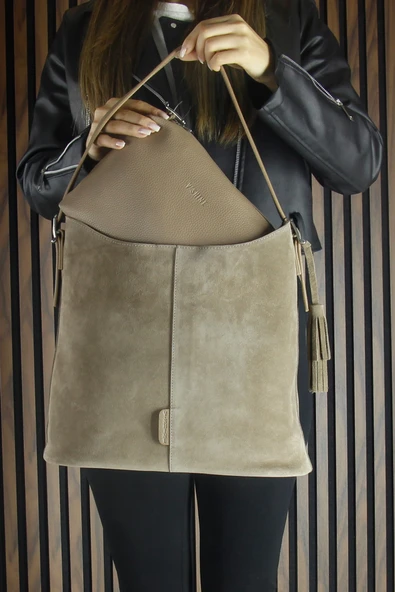 Erkan Saçmacı Kum Hakiki Dana Süet Püsküllü Manyetik Kapaklı Büyük Boy Günlük Omuz Çantası ve El Çantası - 4