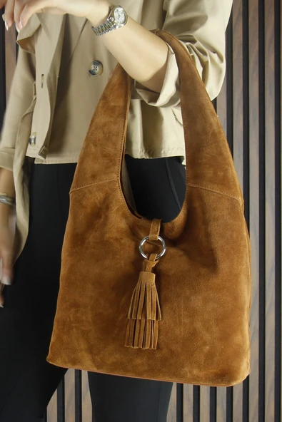 Erkan Saçmacı Taba Hakiki Dana Süet Püsküllü Manyetik Kapaklı Orta Boy Günlük Omuz Çantası - 4