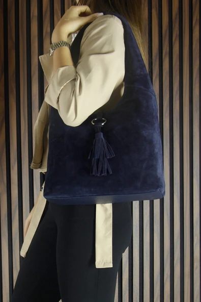 Erkan Saçmacı Lacivert Hakiki Dana Süet Püsküllü Manyetik Kapaklı Orta Boy Günlük Omuz Çantası - 3