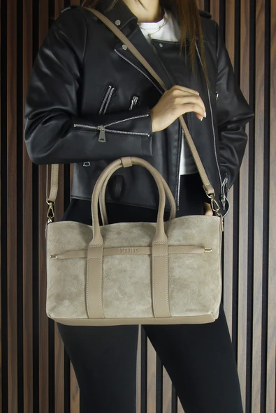 Erkan Saçmacı Kum Hakiki Dana Süet Fermuarlı Üç Bölmeli İç Cepli Askılı Orta Boy Günlük Omuz Çantası - 2