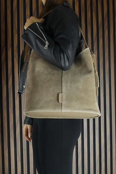 Erkan Saçmacı Kum Hakiki Dana Süet Püsküllü Manyetik Kapaklı Büyük Boy Günlük Omuz Çantası ve El Çantası - 3