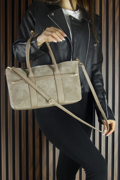 Erkan Saçmacı Kum Hakiki Dana Süet Fermuarlı Üç Bölmeli İç Cepli Askılı Orta Boy Günlük Omuz Çantası - 6