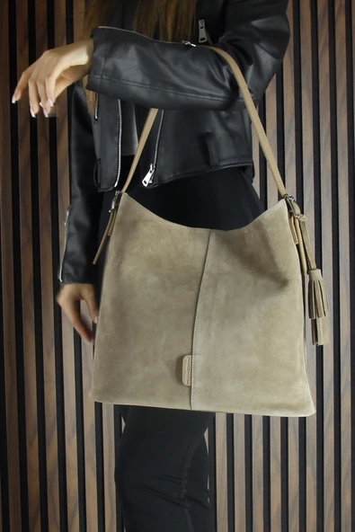 Erkan Saçmacı Kum Hakiki Dana Süet Püsküllü Manyetik Kapaklı Büyük Boy Günlük Omuz Çantası ve El Çantası - 2