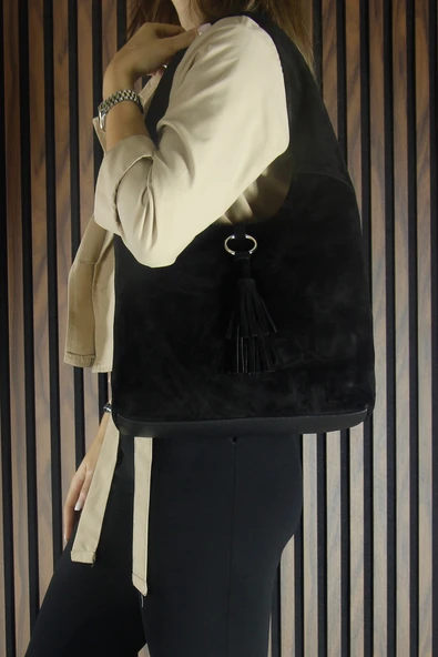 Erkan Saçmacı Siyah Hakiki Dana Süet Püsküllü Manyetik Kapaklı Orta Boy Günlük Omuz Çantası - 3