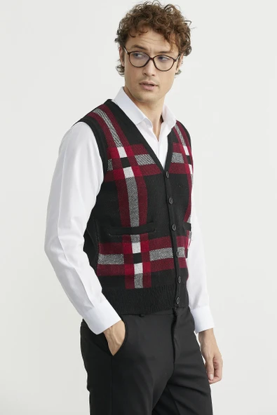 Düğmeli Yünlü Kalın Triko Yelek - Siyah - Resim 5