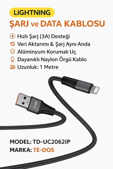 Lightning Hızlı Şarj ve Veri Aktarım Kablosu 3A Güçlü Akım Naylon Örgü Dayanıklı Tasarım iPhone Uyumlu 1 Metre