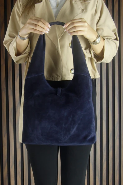 Erkan Saçmacı Lacivert Hakiki Dana Süet Püsküllü Manyetik Kapaklı Orta Boy Günlük Omuz Çantası - 2