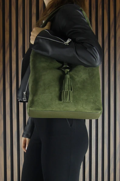 Erkan Saçmacı Haki Hakiki Dana Süet Püsküllü Manyetik Kapaklı Orta Boy Günlük Omuz Çantası - Resim 3