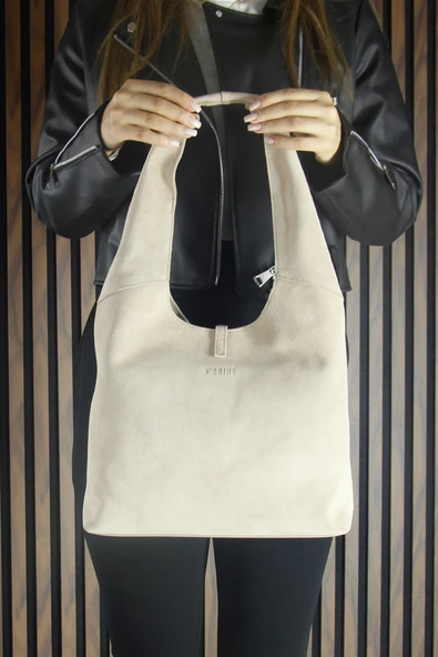 Erkan Saçmacı Bej Hakiki Dana Süet Püsküllü Manyetik Kapaklı Orta Boy Günlük Omuz Çantası - 2