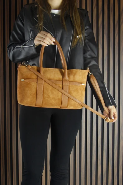 Erkan Saçmacı Taba Hakiki Dana Süet Fermuarlı Üç Bölmeli İç Cepli Askılı Orta Boy Günlük Omuz Çantası - Resim 6