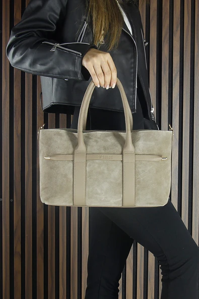 Erkan Saçmacı Kum Hakiki Dana Süet Fermuarlı Üç Bölmeli İç Cepli Askılı Orta Boy Günlük Omuz Çantası - 4