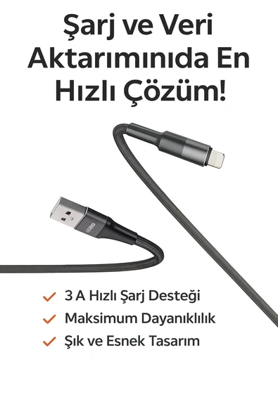 Lightning Hızlı Şarj ve Veri Aktarım Kablosu 3A Güçlü Akım Naylon Örgü Dayanıklı Tasarım iPhone Uyumlu 1 Metre - 2