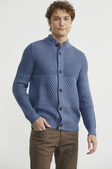 Petek Motifli Dik Yaka Triko Hırka - Indigo