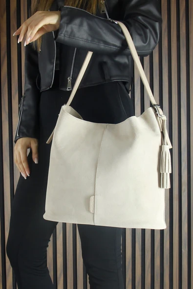 Erkan Saçmacı Bej Hakiki Dana Süet Püsküllü Manyetik Kapaklı Büyük Boy Günlük Omuz Çantası ve El Çantası - 2