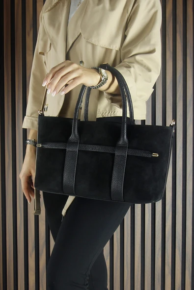 Erkan Saçmacı Siyah Hakiki Dana Süet Fermuarlı Üç Bölmeli İç Cepli Askılı Orta Boy Günlük Omuz Çantası - 3