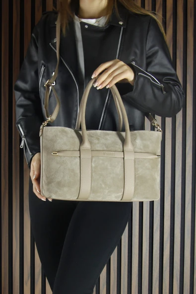 Erkan Saçmacı Kum Hakiki Dana Süet Fermuarlı Üç Bölmeli İç Cepli Askılı Orta Boy Günlük Omuz Çantası - 5